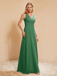 Pleated V-neck Chiffon A-line Dress With Bow Emerald