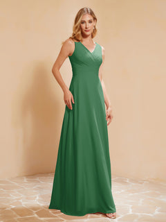 Pleated V-neck Chiffon A-line Dress With Bow Emerald Plus Size