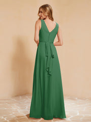 Pleated V-neck Chiffon A-line Dress With Bow Emerald