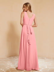 Pleated V-neck Chiffon A-line Dress With Bow Flamingo
