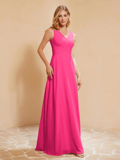 Pleated V-neck Chiffon A-line Dress With Bow Fuchsia