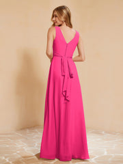 Pleated V-neck Chiffon A-line Dress With Bow Fuchsia