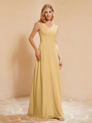 Pleated V-neck Chiffon A-line Dress With Bow Gold