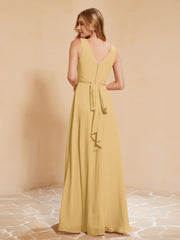 Pleated V-neck Chiffon A-line Dress With Bow Gold