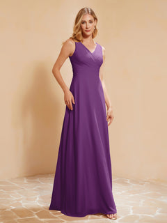 Pleated V-neck Chiffon A-line Dress With Bow Grape Plus Size