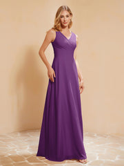 Pleated V-neck Chiffon A-line Dress With Bow Grape