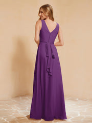 Pleated V-neck Chiffon A-line Dress With Bow Grape Plus Size