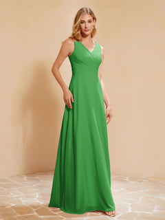 Pleated V-neck Chiffon A-line Dress With Bow Green