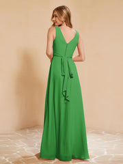 Pleated V-neck Chiffon A-line Dress With Bow Green