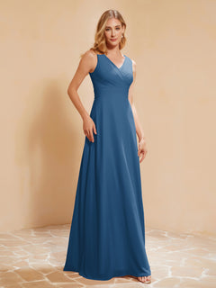 Pleated V-neck Chiffon A-line Dress With Bow Ink Blue