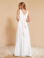 Pleated V-neck Chiffon A-line Dress With Bow Ivory