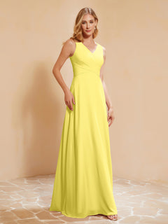 Pleated V-neck Chiffon A-line Dress With Bow Lemon