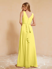 Pleated V-neck Chiffon A-line Dress With Bow Lemon