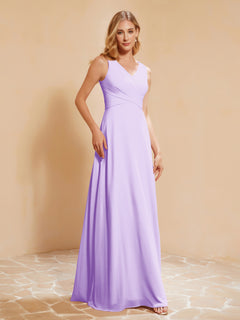 Pleated V-neck Chiffon A-line Dress With Bow Lilac