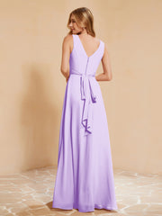 Pleated V-neck Chiffon A-line Dress With Bow Lilac