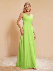 Pleated V-neck Chiffon A-line Dress With Bow Lime Green Plus Size