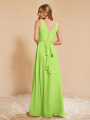 Pleated V-neck Chiffon A-line Dress With Bow Lime Green