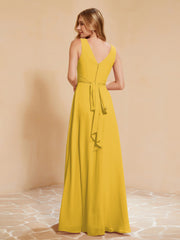 Pleated V-neck Chiffon A-line Dress With Bow Marigold Plus Size