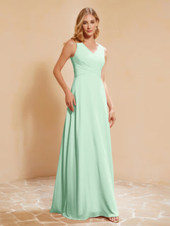 Pleated V-neck Chiffon A-line Dress With Bow Mint Green