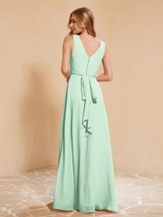 Pleated V-neck Chiffon A-line Dress With Bow Mint Green