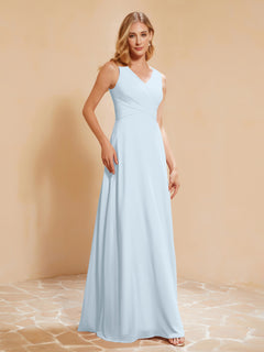 Pleated V-neck Chiffon A-line Dress With Bow Mist