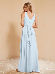 Pleated V-neck Chiffon A-line Dress With Bow Mist