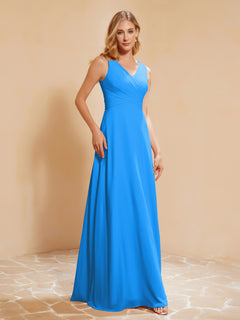 Pleated V-neck Chiffon A-line Dress With Bow Ocean Blue