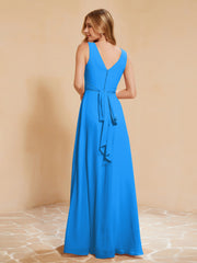 Pleated V-neck Chiffon A-line Dress With Bow Ocean Blue