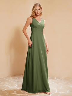 Pleated V-neck Chiffon A-line Dress With Bow Olive Green