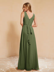 Pleated V-neck Chiffon A-line Dress With Bow Olive Green