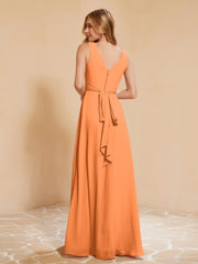 Pleated V-neck Chiffon A-line Dress With Bow Orange