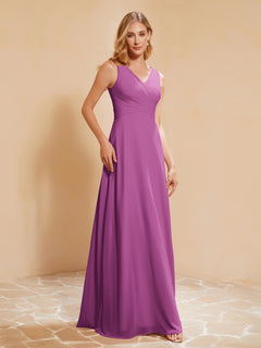 Pleated V-neck Chiffon A-line Dress With Bow Orchid