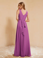 Pleated V-neck Chiffon A-line Dress With Bow Orchid