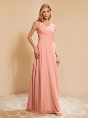 Pleated V-neck Chiffon A-line Dress With Bow Papaya