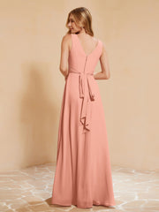 Pleated V-neck Chiffon A-line Dress With Bow Papaya