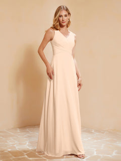 Pleated V-neck Chiffon A-line Dress With Bow Peach