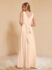 Pleated V-neck Chiffon A-line Dress With Bow Peach