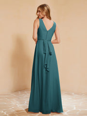 Pleated V-neck Chiffon A-line Dress With Bow Peacock