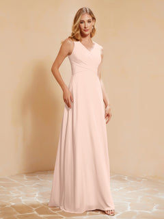 Pleated V-neck Chiffon A-line Dress With Bow Pearl Pink