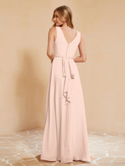 Pleated V-neck Chiffon A-line Dress With Bow Pearl Pink
