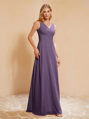 Pleated V-neck Chiffon A-line Dress With Bow Plum