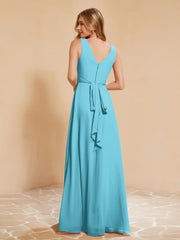 Pleated V-neck Chiffon A-line Dress With Bow Pool