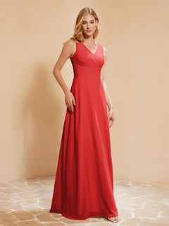 Pleated V-neck Chiffon A-line Dress With Bow Red