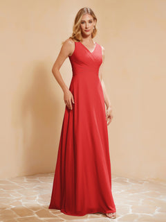 Pleated V-neck Chiffon A-line Dress With Bow Red Plus Size