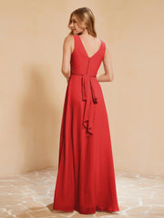 Pleated V-neck Chiffon A-line Dress With Bow Red Plus Size