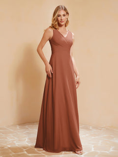 Pleated V-neck Chiffon A-line Dress With Bow Rust