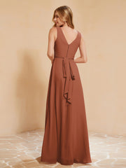 Pleated V-neck Chiffon A-line Dress With Bow Rust