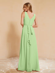 Pleated V-neck Chiffon A-line Dress With Bow Sage