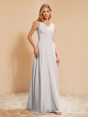 Pleated V-neck Chiffon A-line Dress With Bow Silver Plus Size