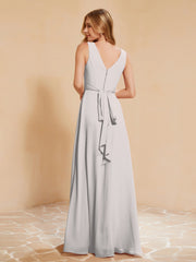 Pleated V-neck Chiffon A-line Dress With Bow Silver